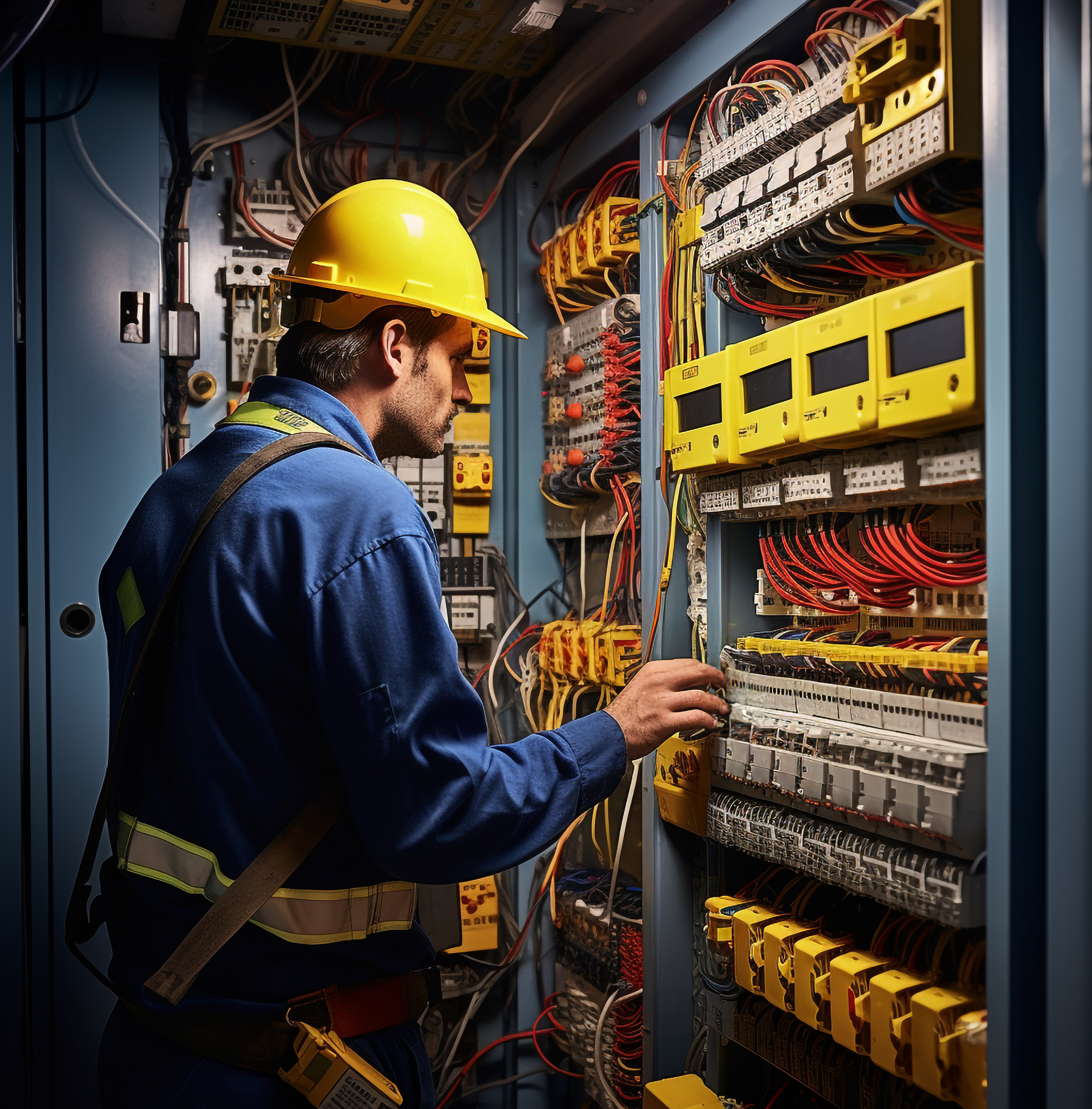 a man checking a multimeter and wiring equipment inside of a fac