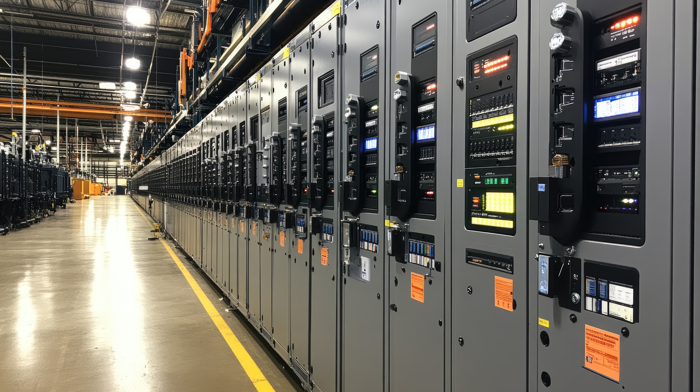 electrical panels showing various lights and indicators in industrial building