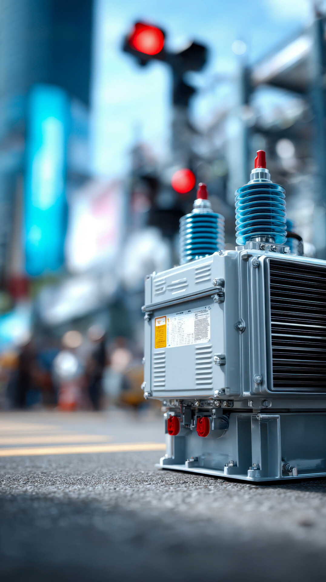 industrial transformer substation detail with glass insulators and sunlight