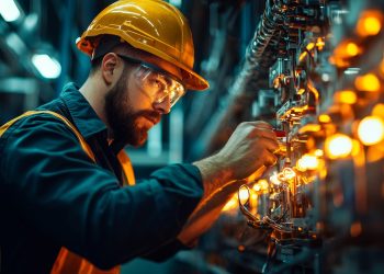 Electrician working on machinery in a factory with orange lights.